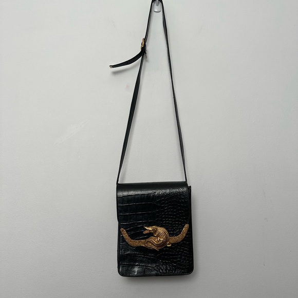 Vintage Black Purse Leather Alligator Skin Embossed Crossbody Shoulder Gold - Picture 9 of 13